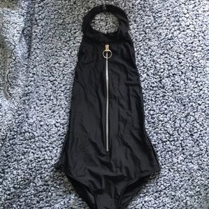 Black Halter Front Zip Bodysuit